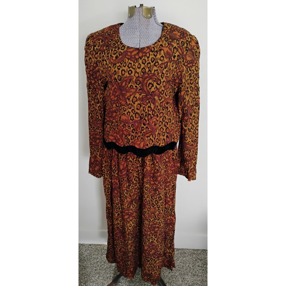 Vtg 80s 90's Midi Dress Floral Animal Print Boho Cottagecore Autumn Colors sz 8